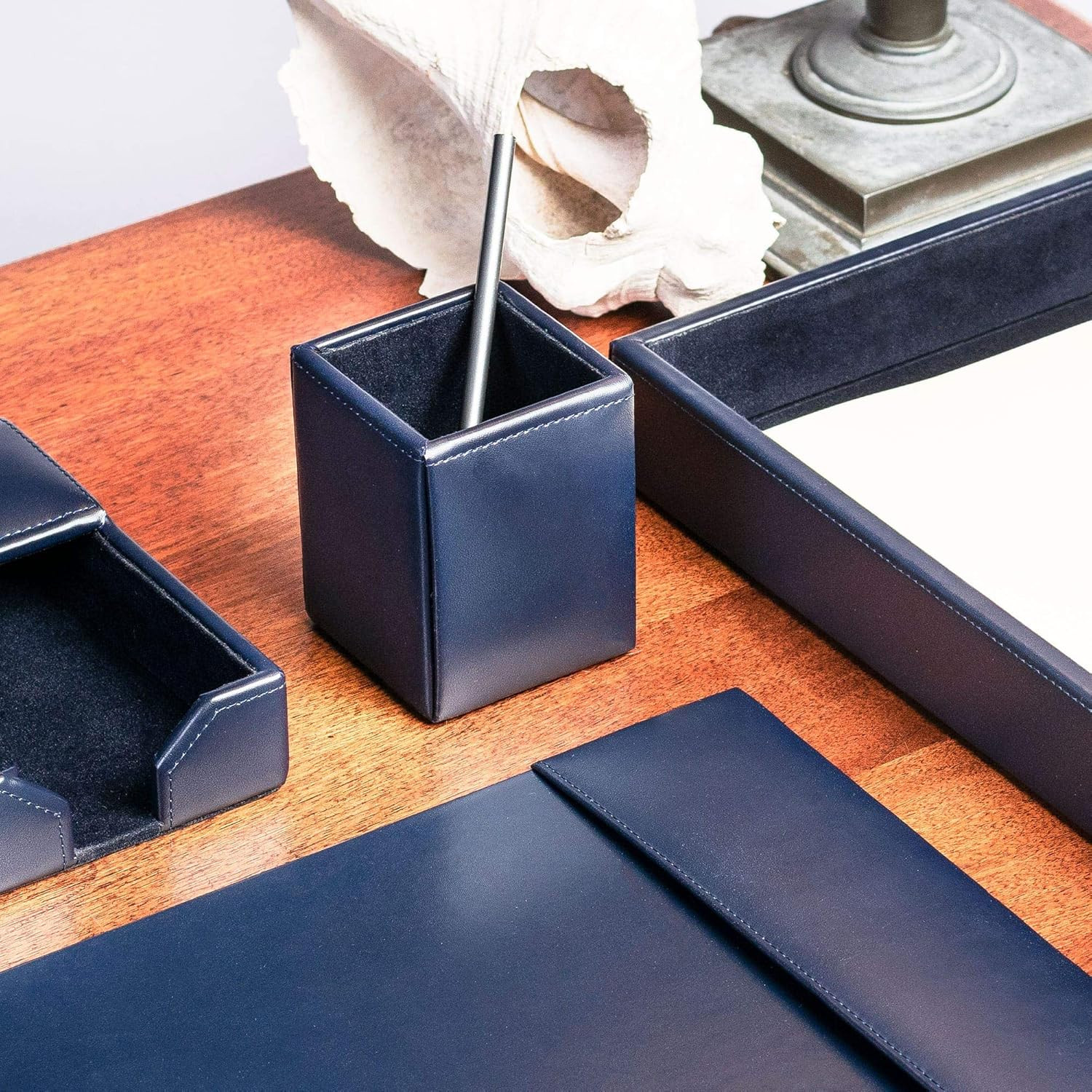 Navy Blue Bonded Leather Pencil Cup
