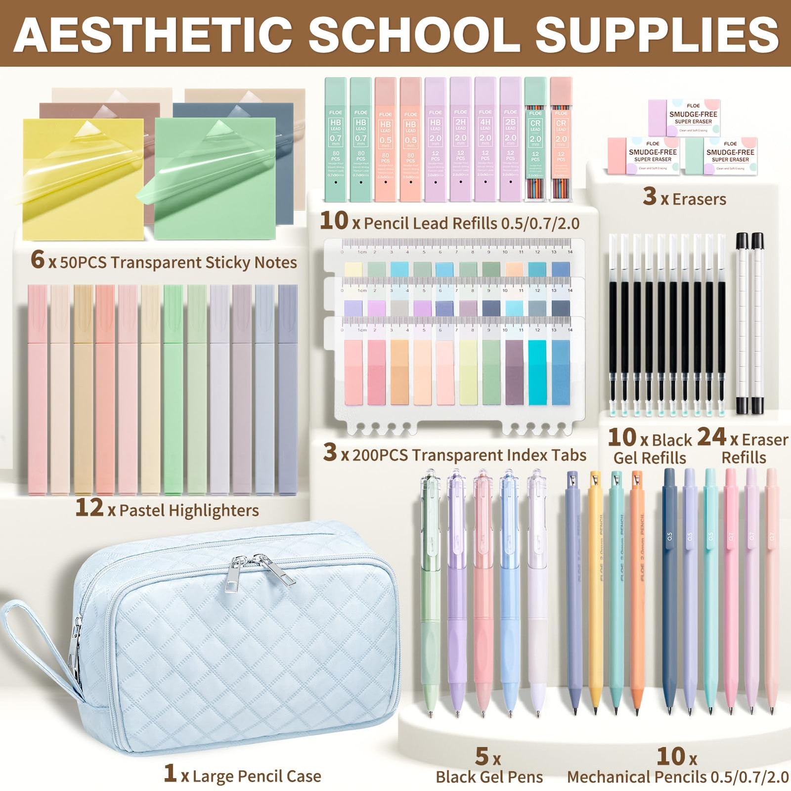 62PCS Aesthetic School Supplies with Cute Pencil Case Pastel Highlighters Bla…