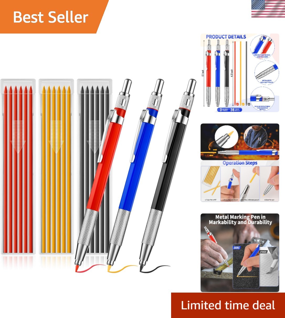 3 Pcs Welders Pencil with 36 Pcs Silver round Refills, Welders Pencil for Metal,