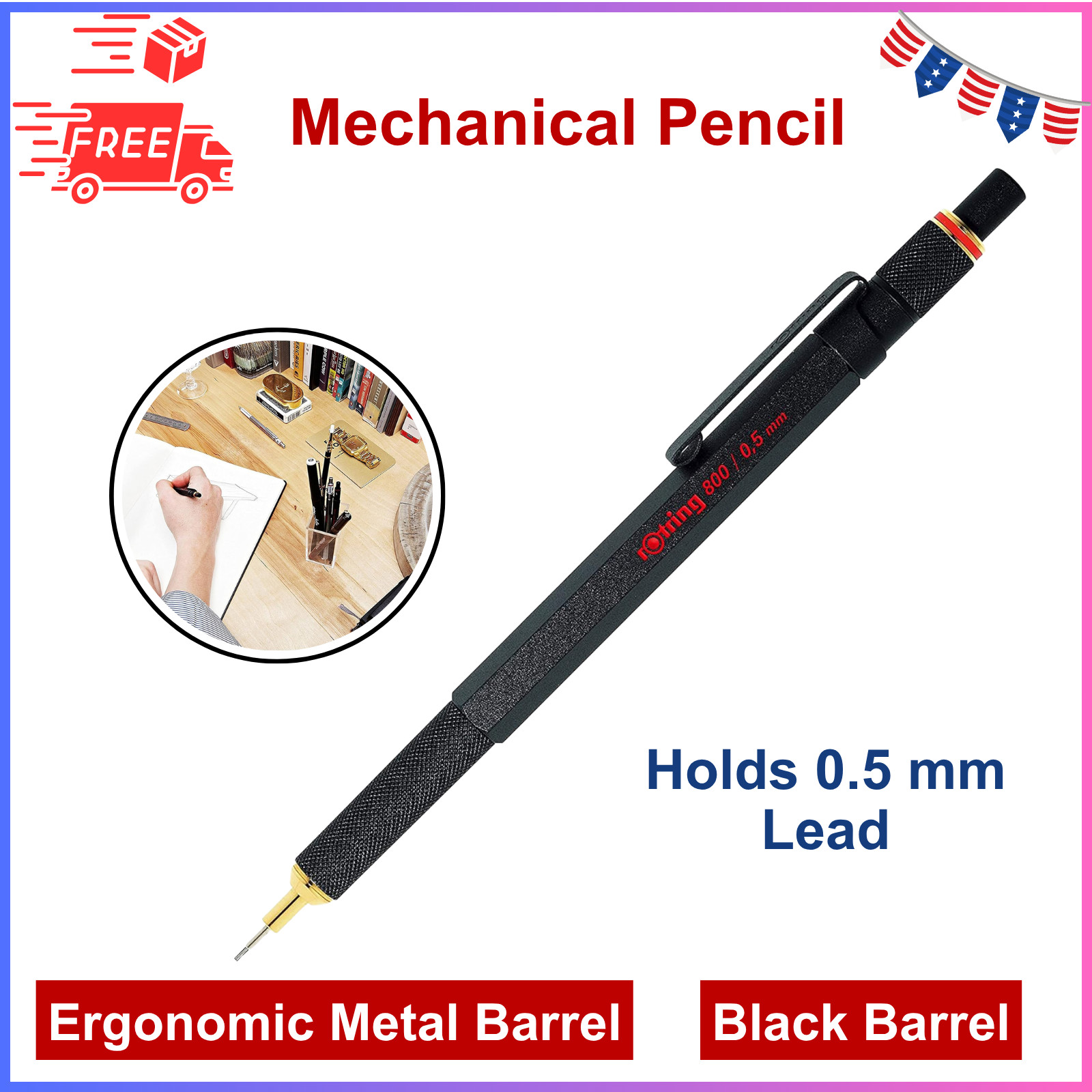 rOtring 800 0.5mm Retractable Metal Mechanical For Drafting Pencil, Black Barrel