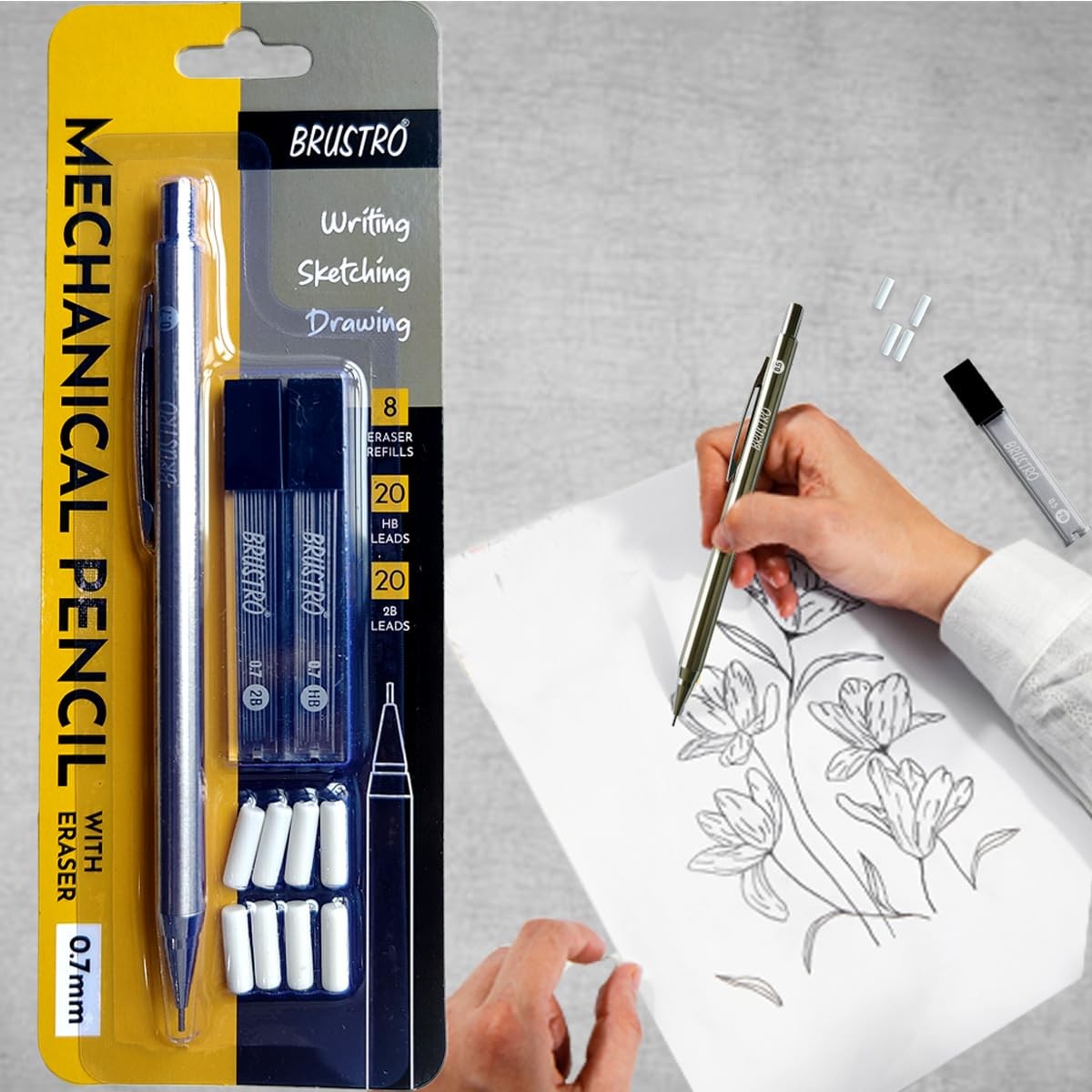 Mechanical Pencil Metal with Eraser 0.7mm Writing/Sketching/Drawing Spare lea…