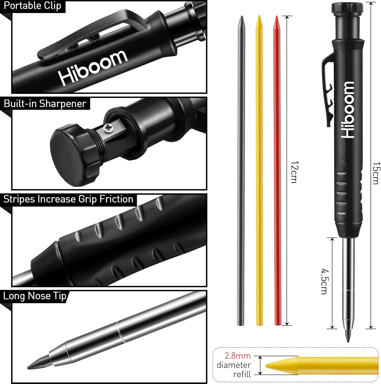 6 Pack Carpenter Pencil with Sharpener, Long Nosed Deep Hole Tip Mechanical Hole