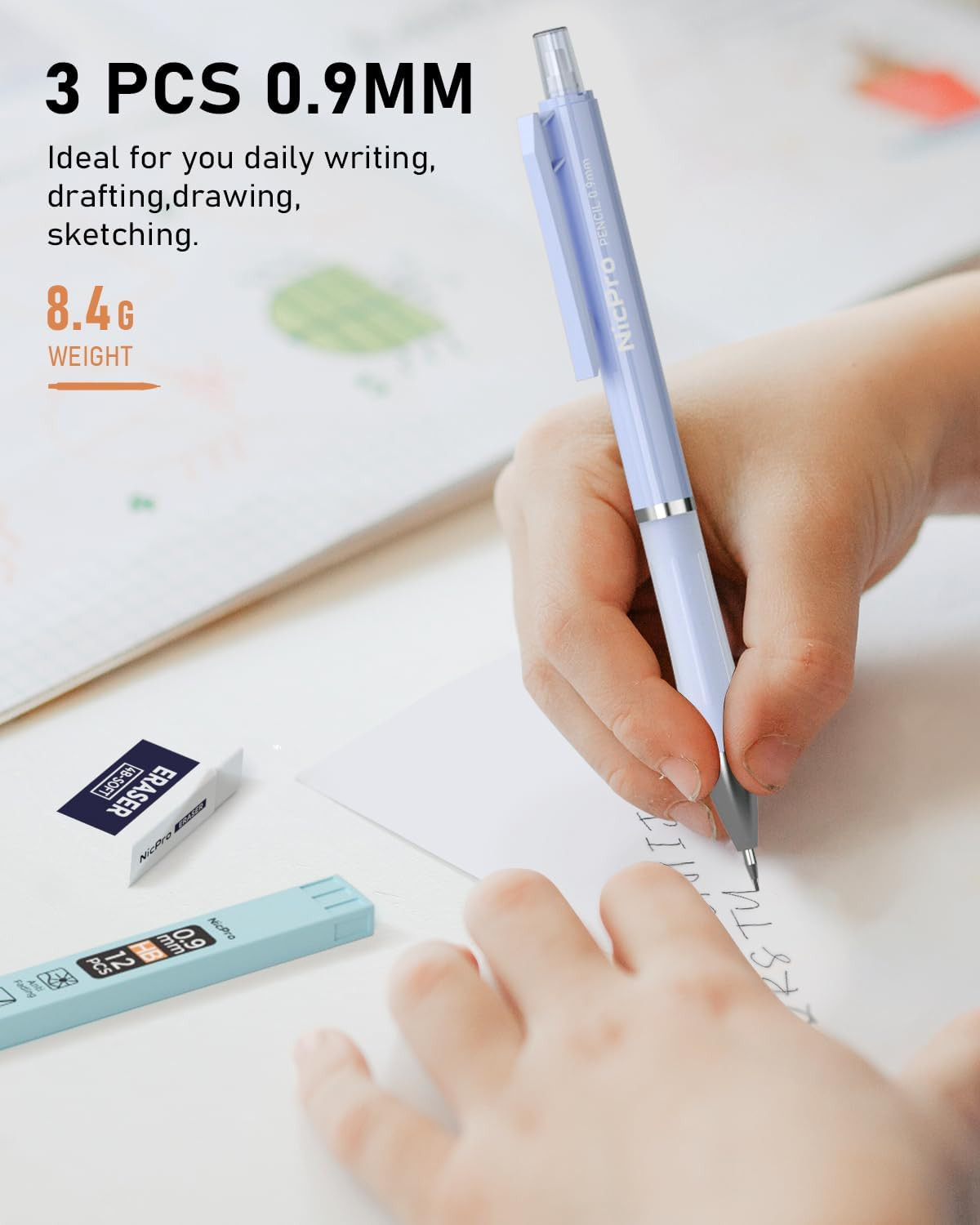 3PCS Pastel Mechanical Pencil Set, 0.9 Mechanical Pencil with 6 Tubes HB Lead 0.