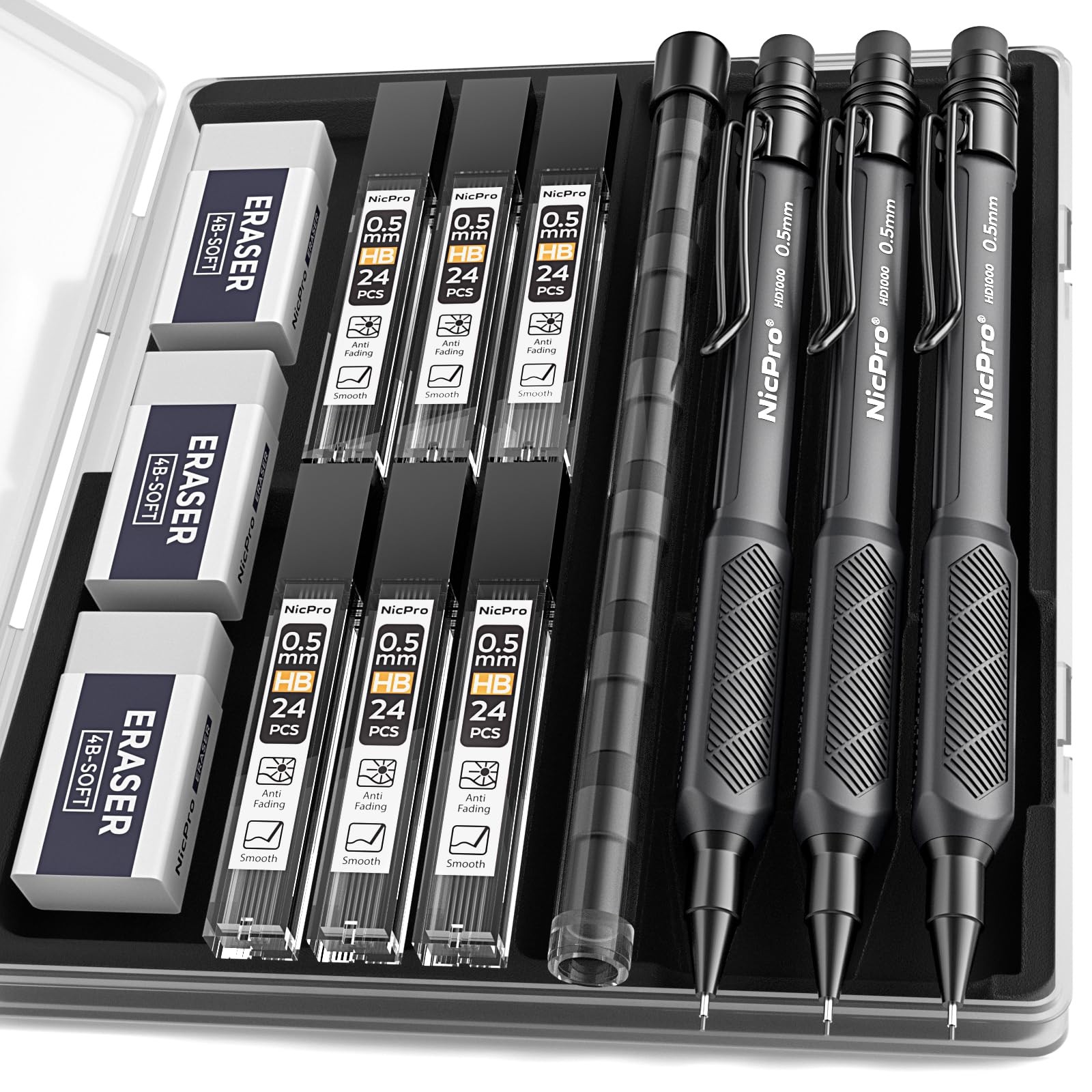 Nicpro HD1000 0.5 mm Art Mechanical Pencil Set in Case, 3 PCS 0.5mm, Black