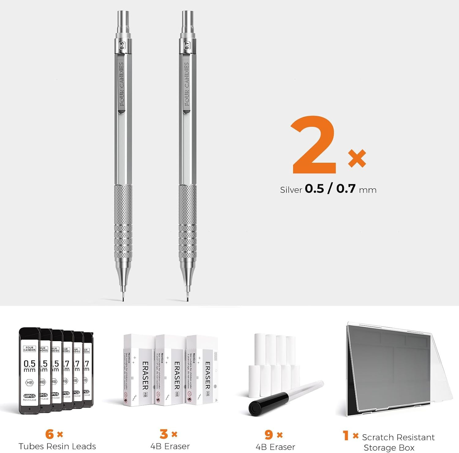 Four Candies 2PCS 0.5Mm & 0.7 Mm Metal Mechanical Pencils Set, 360PCS Lead Refil