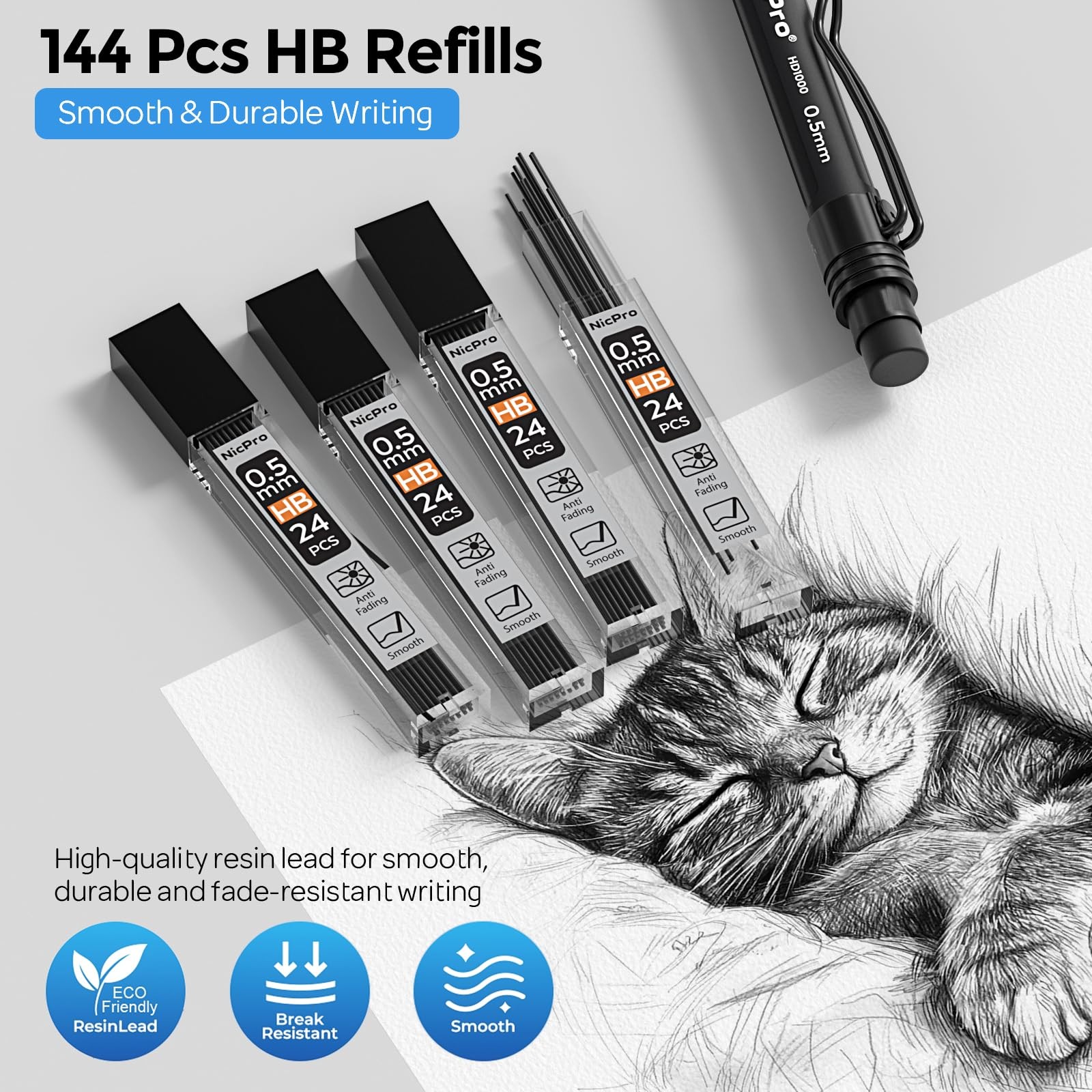 Nicpro HD1000 0.5 mm Art Mechanical Pencil Set in Case, 3 PCS 0.5mm, Black
