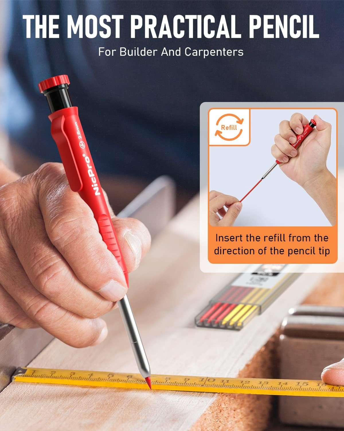 Nicpro Carpenter Pencil with Sharpener, Mechanical Pencils 2 Pack, Black,Red