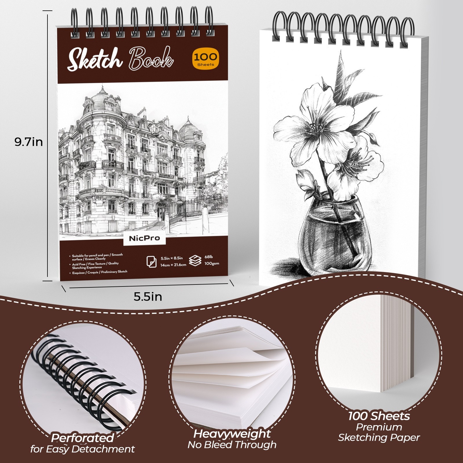 Nicpro 58PCS Metal Pencil Set in Leather Case: 0.5-2mm + 12 Pens + Sketch Book +