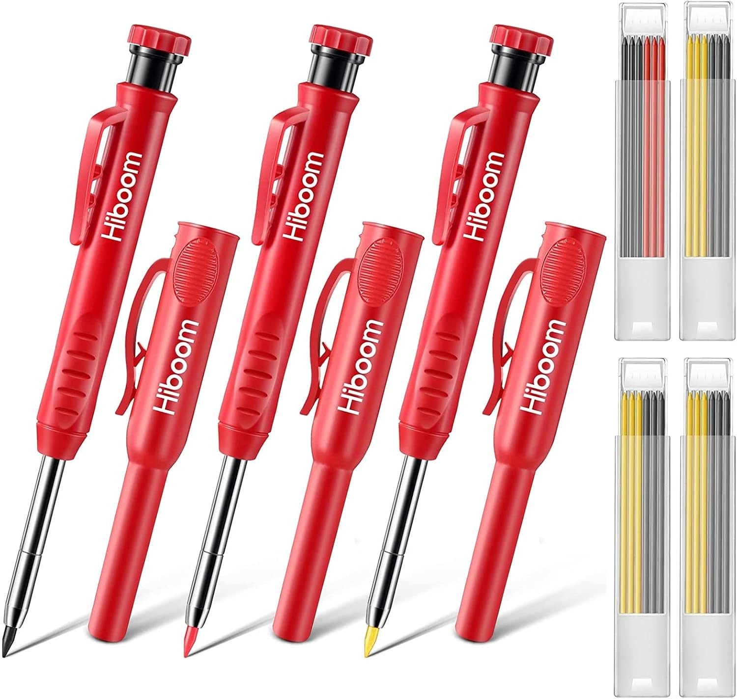Hiboom 3 Pack Carpenter Pencils Set with 24 Refills, 2.8 mm Gray,Yellow
