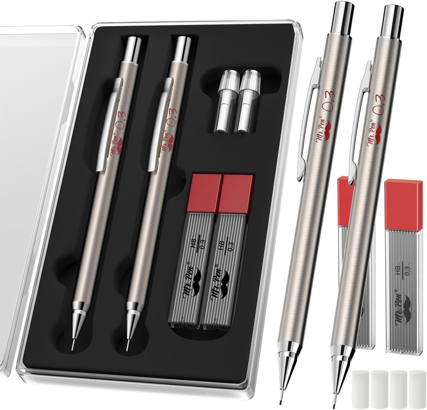 – Metal Mechanical Pencil Set with Lead Refills & Erasers, 2 Pack, 0.3Mm, 4X Tub