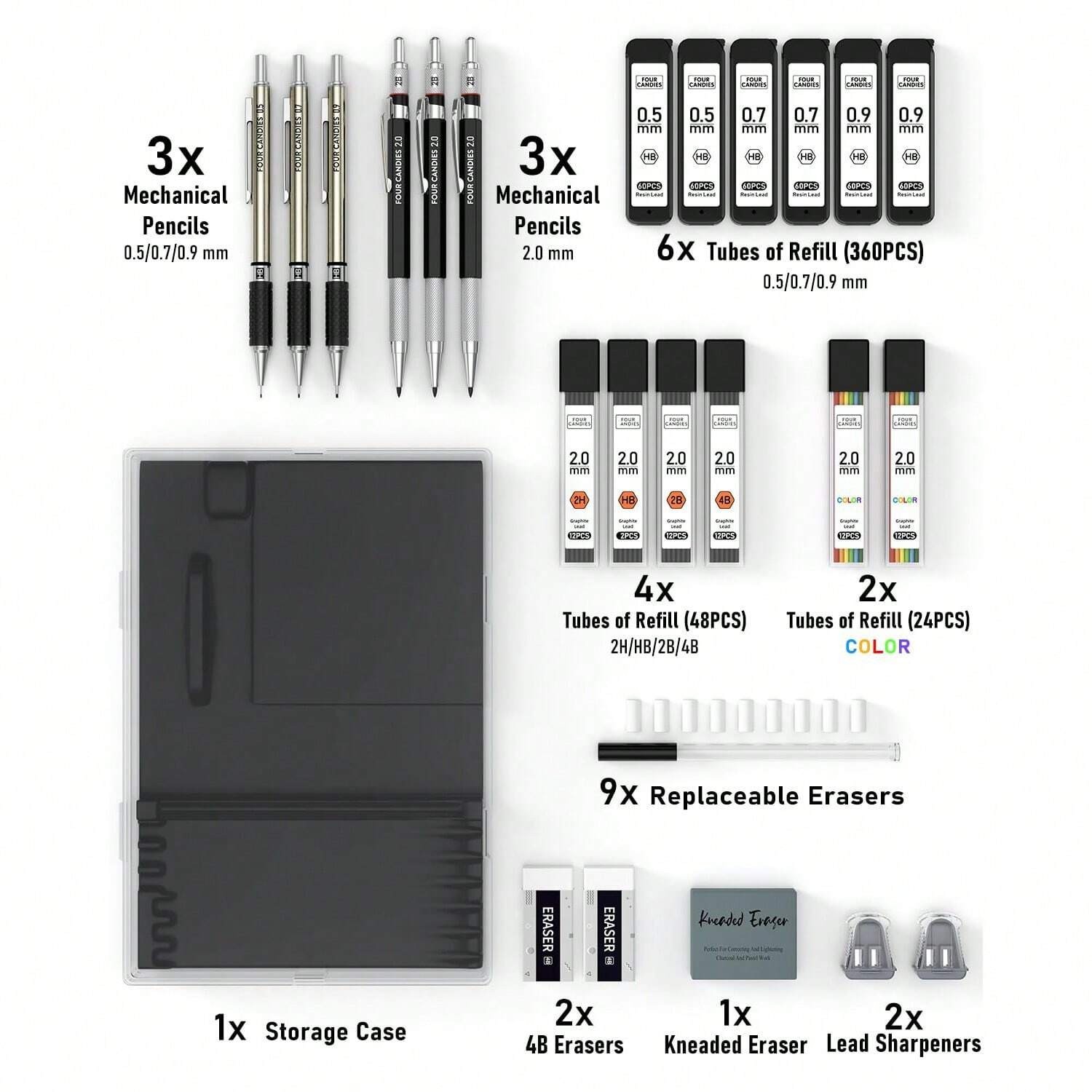25PCS Drawing Mechanical Pencil Set 432 Lead Refills Case 0.5 0.7 0.9 2mm