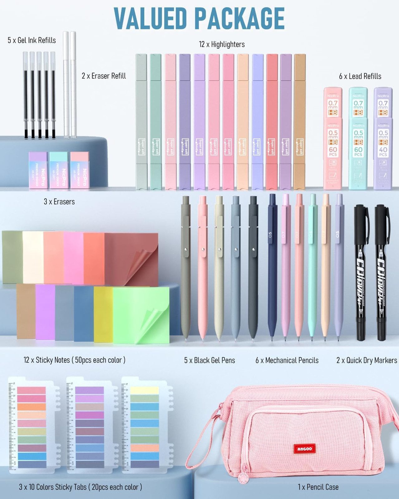 Aesthetic Stationery Kit with Pens Highlighters Sticky Notes and Pencils for
