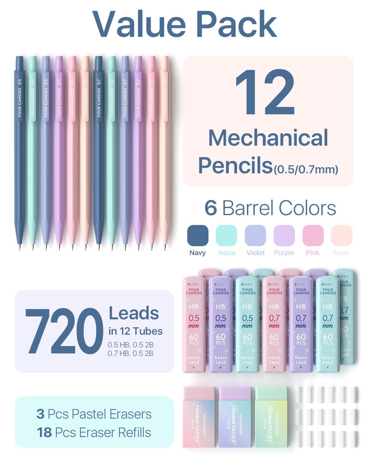 Mechanical Pencil Set with 0.5 & 0.7mm Lead Refills HB & 2B Pastel Erasers & …