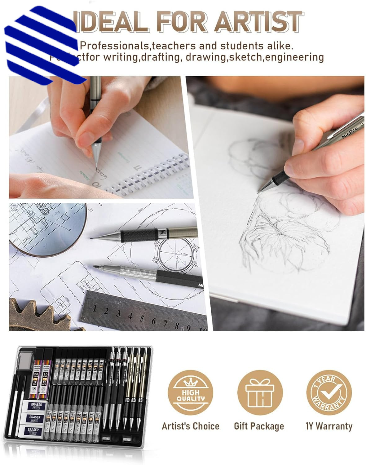 Art Mechanical Pencil Set 3 PCS Metal Drafting Pencil 0.5 mm & 0.7 mm & 0.9 35PC