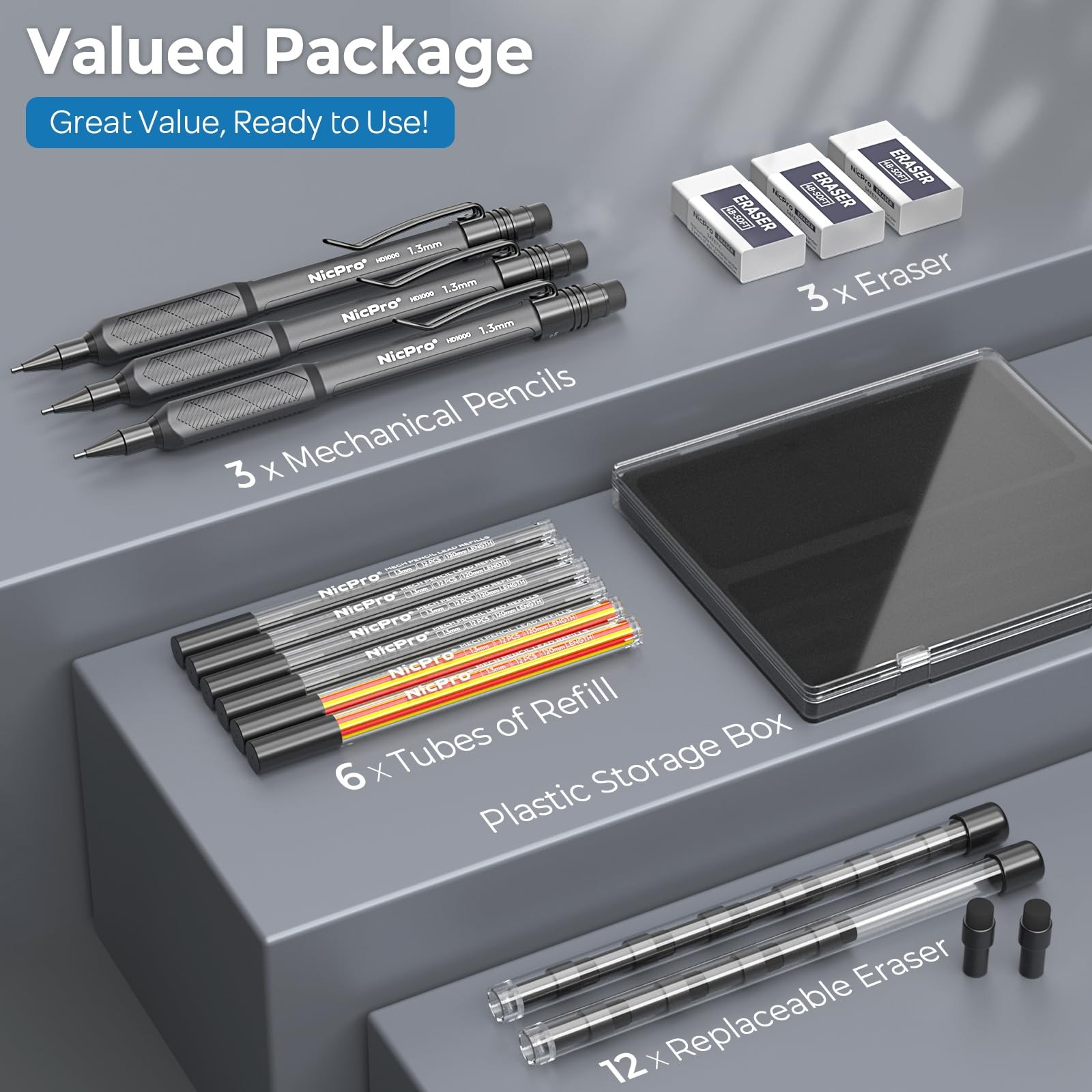Nicpro 3 Pack Weatherproof Mechanical Pencil Set, 1.3mm 3 Pack, Black