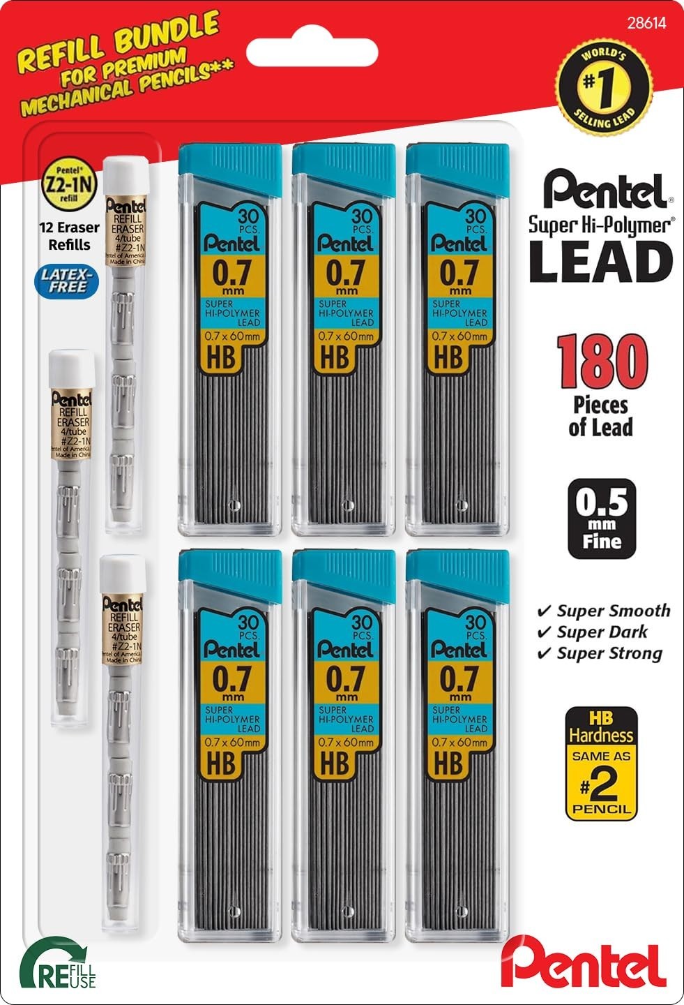 High-Quality 7mm HB Lead Refill Pack – 180 Leads & 12 Latex-Free Erasers – Mecha