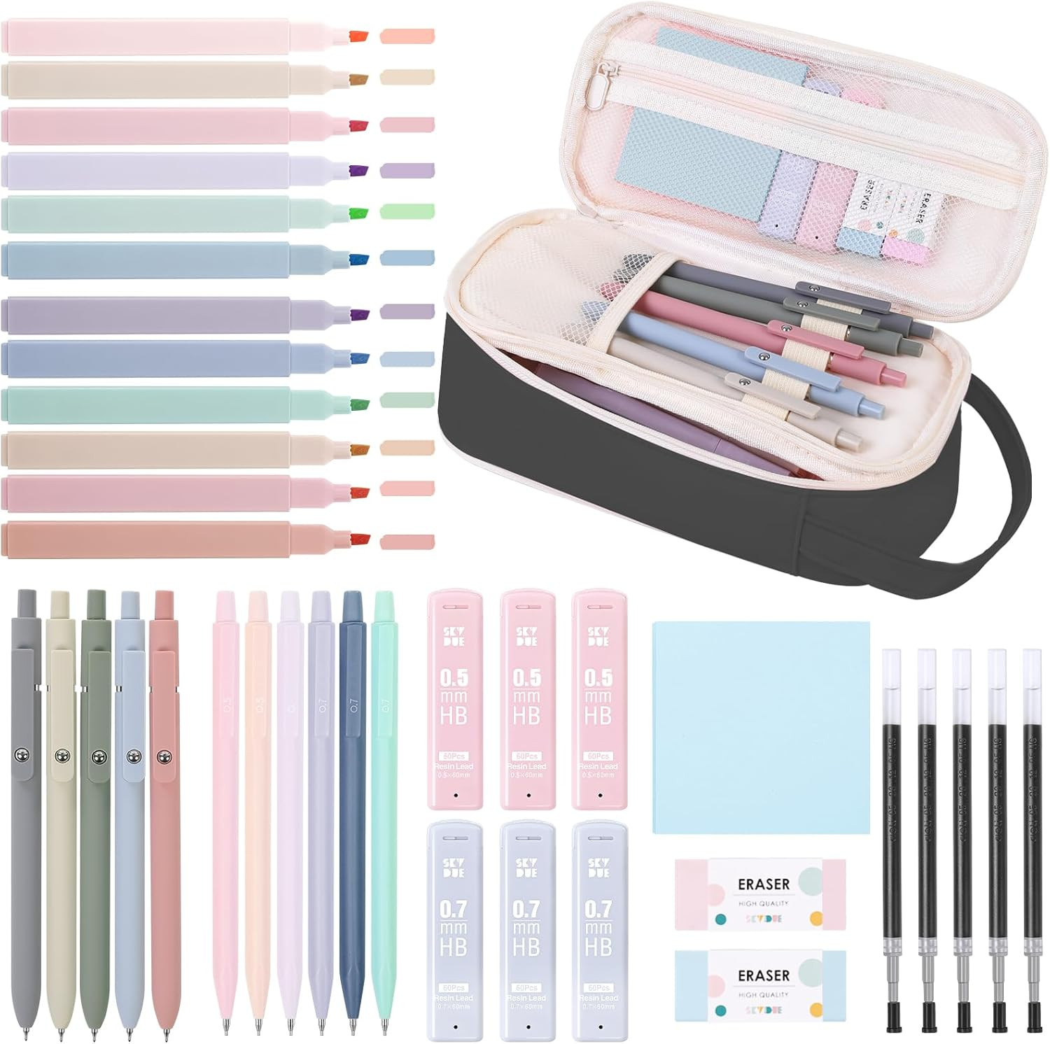 Cute School Supplies 38 PCS, Pencil Case with 12 Pastel Highlighters, 5 Black Ge