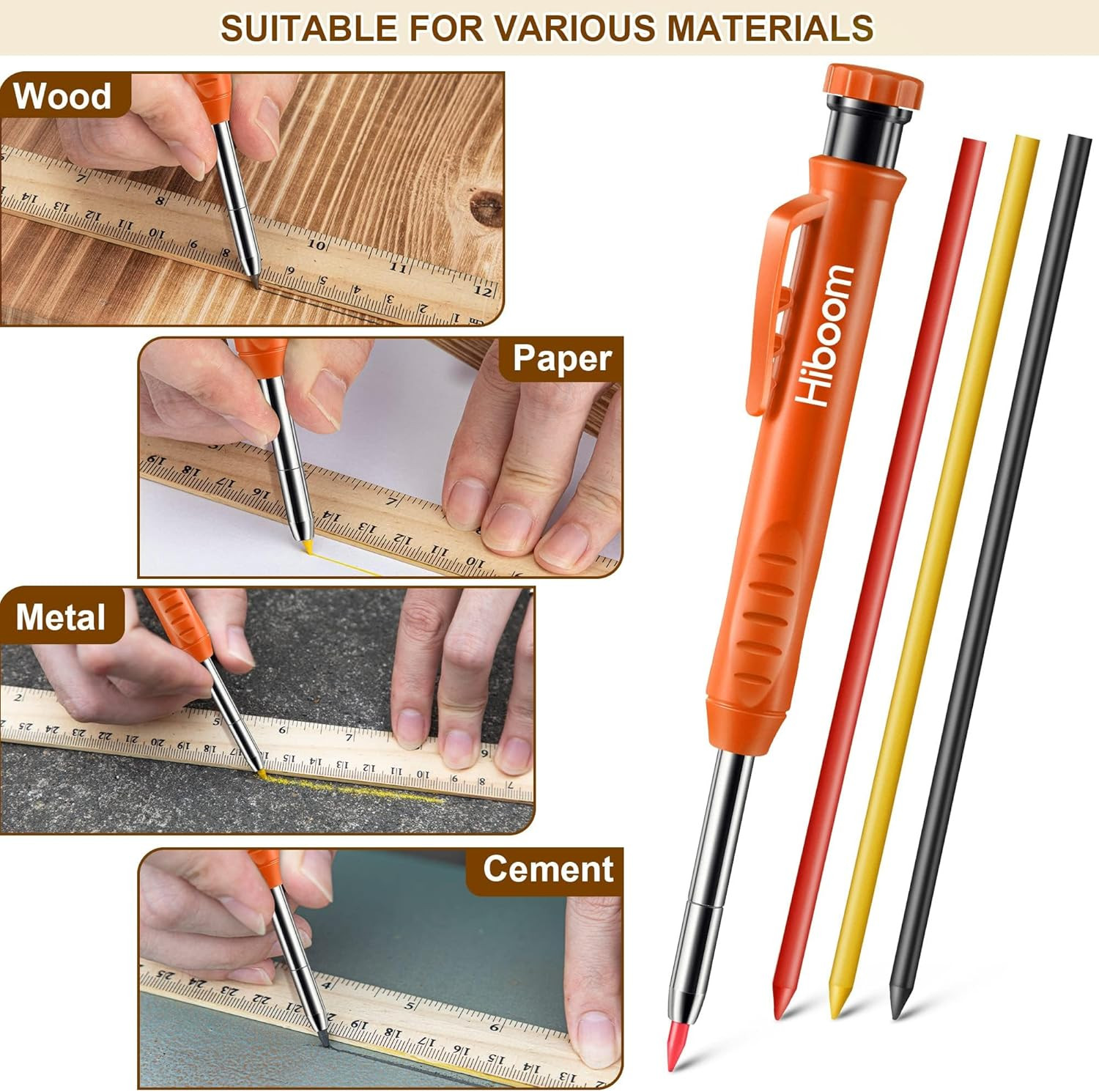 2 Pack Solid Carpenter Pencils with Pencil Cap and 18 Refills, Long Nose Deep Ho