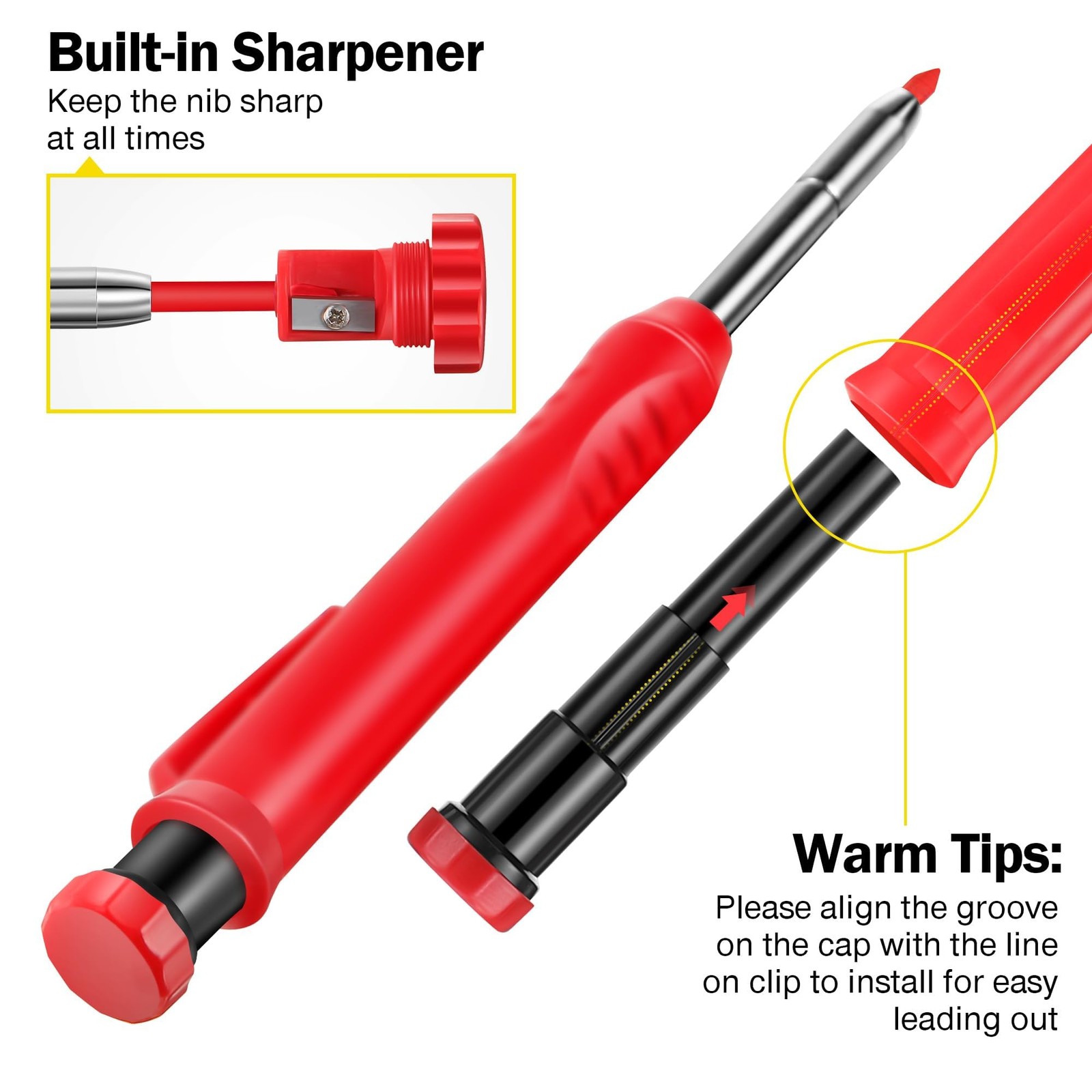 Hiboom 2 Pack Solid Carpenter Pencils with Pencil Cap and 22 Piece Set, Red