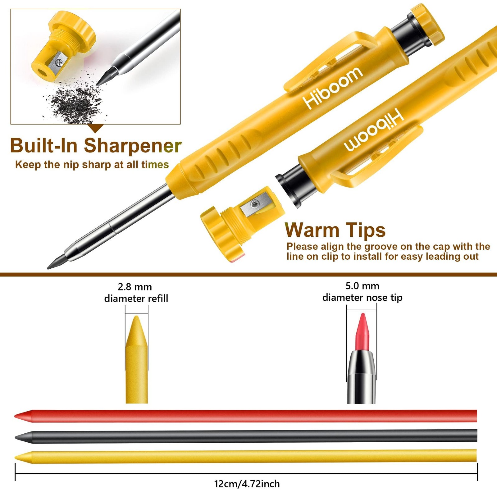Hiboom 2 Pack Solid Carpenter Pencils with Pencil Cap and 18 Refills, Yellow
