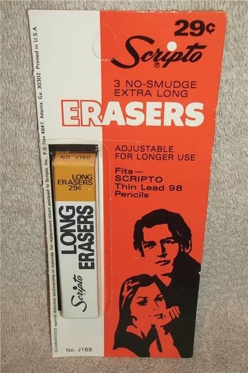 3 SCRIPTO J169 EXTRA LONG ERASERS THIN LEAD 98 MECHANICAL PENCIL NOS SEALED BOX