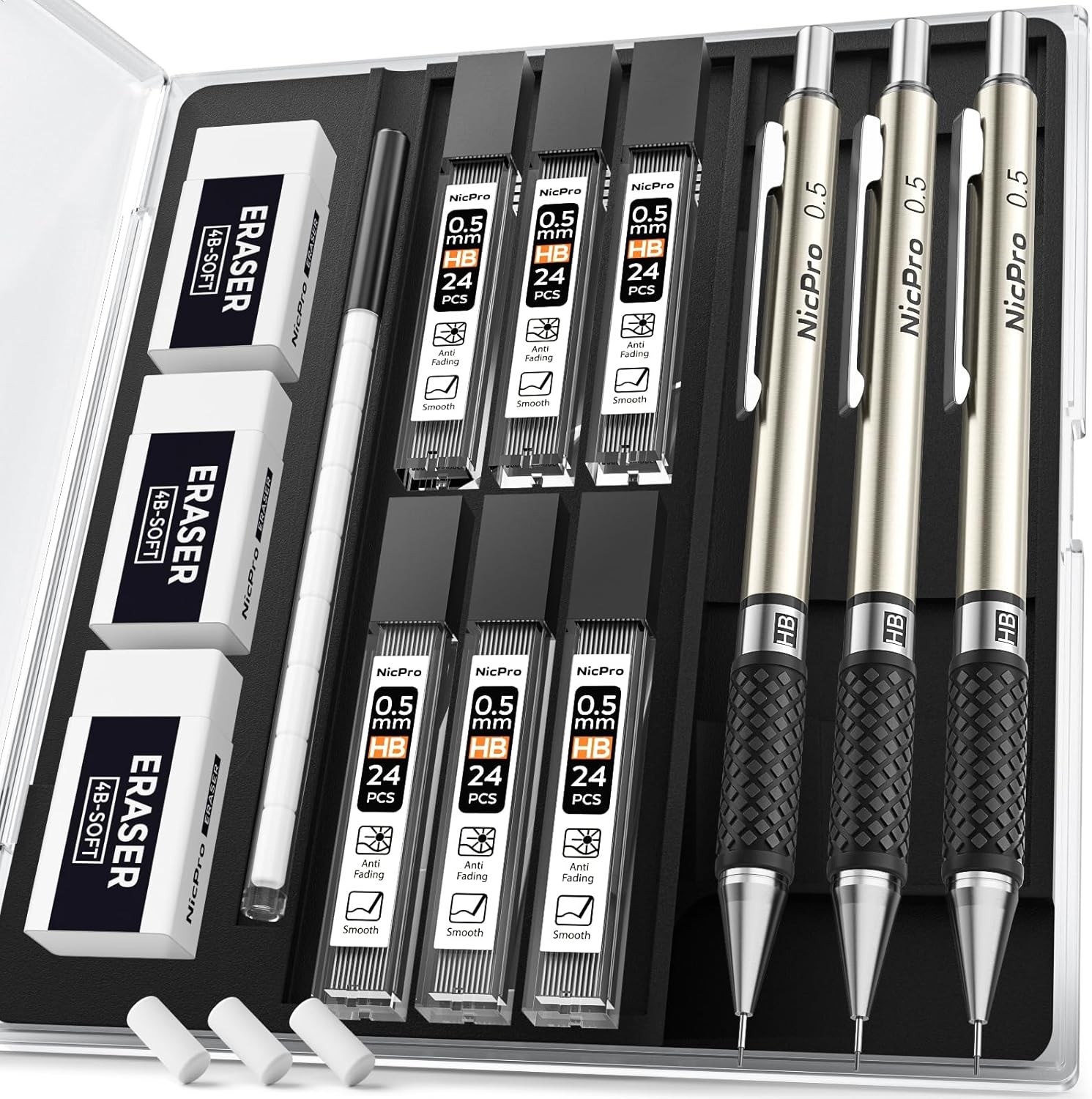 0.5 mm Art Mechanical Pencil Set in Storage Case, 3 PCS Metal Drafting Pencil Le
