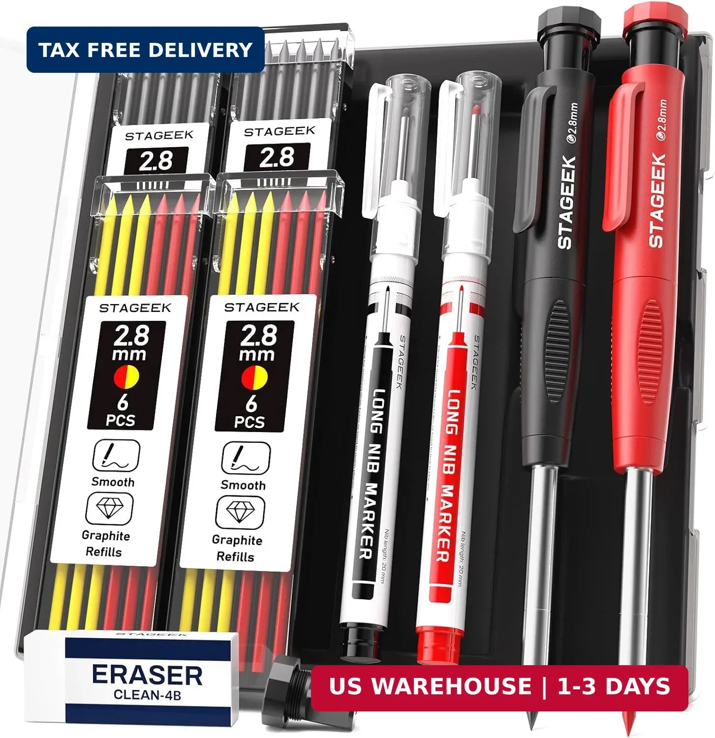 STAGEEK 2.8mm Carpenter Pencils with Sharpener, 2-Pack, Storage Case | 26 Refill