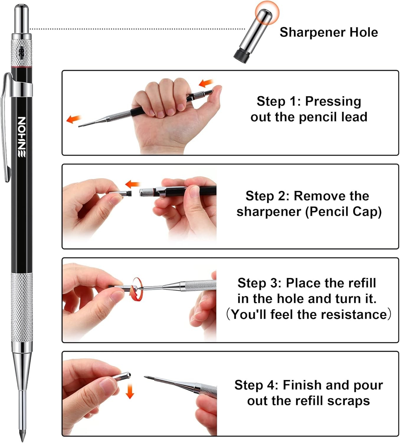 Enhon 2mm Mechanical Carpenter Pencil Set with 12 Marker 2 Piece Set, Black