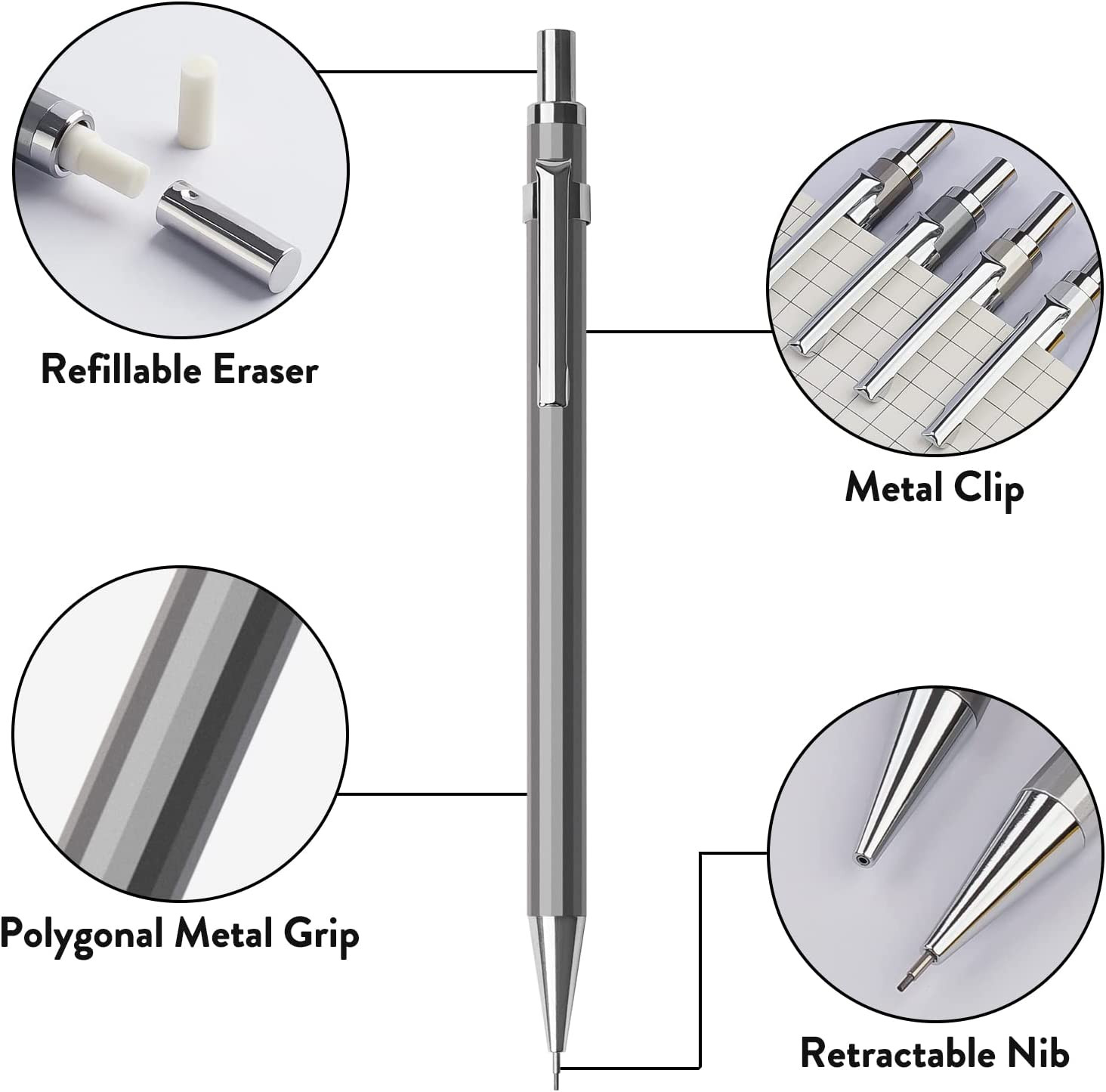 0.7Mm Mechanical Pencil Set with Case – 4PCS Metal Mechanical Pencils, 8 Tubes H