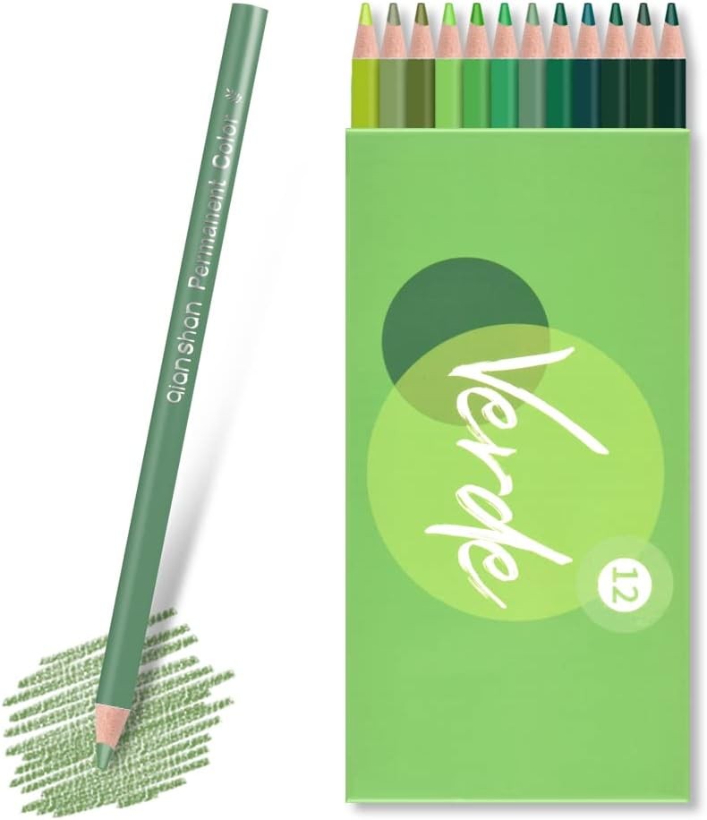 qianshan 12 Green Colored Pencils Oil Based Pre-sharpened 12 green pencils