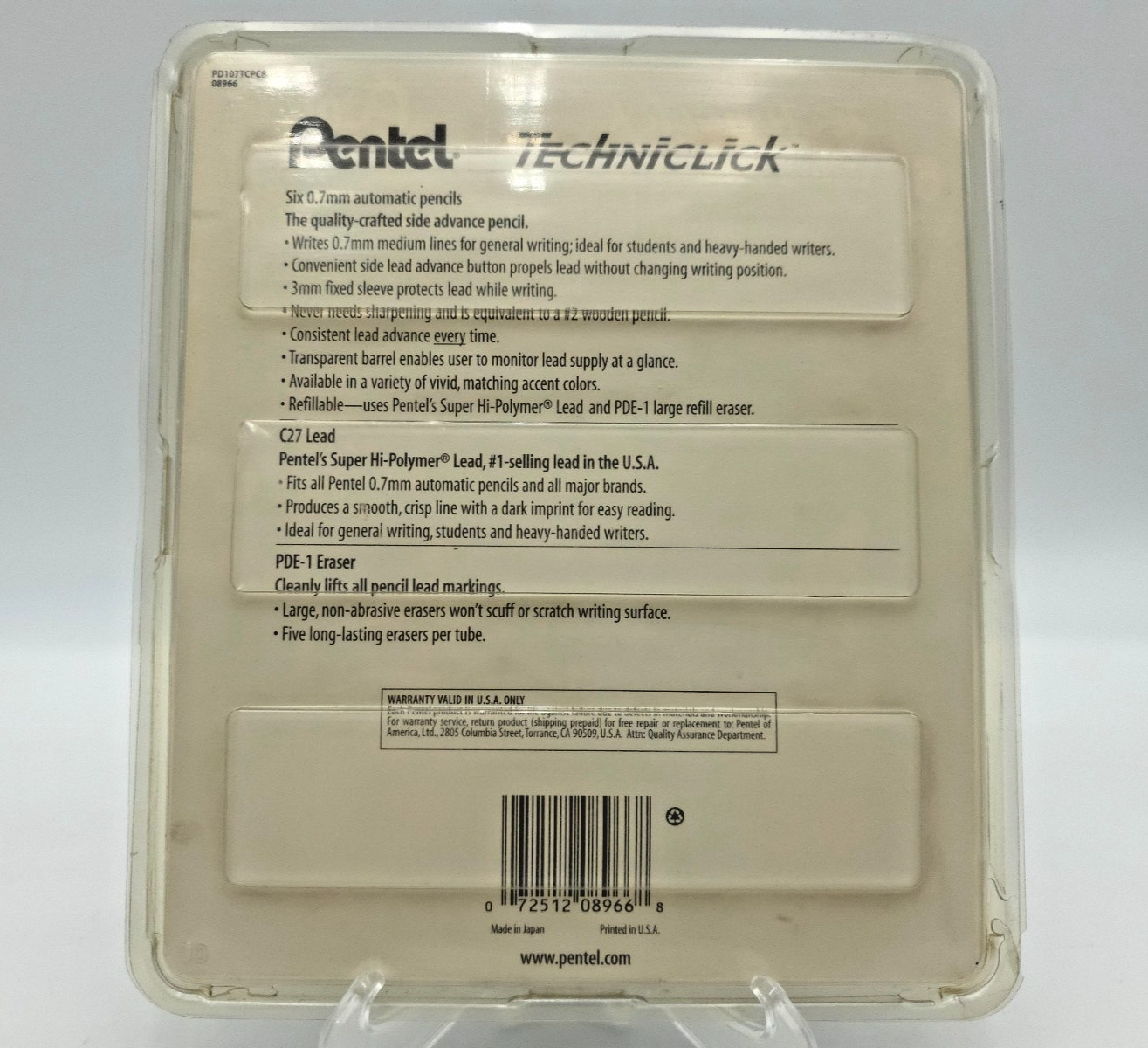 Pentel Techniclick 0.7mm Mechanical Pencils PD107TCPC8 Lead Erasers 6 Pack New