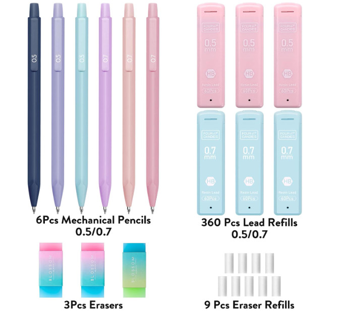 Four Candies Cute Mechanical Pencil Set, 6-Pack 0.5/0.7mm | 360 Lead Refills, 3