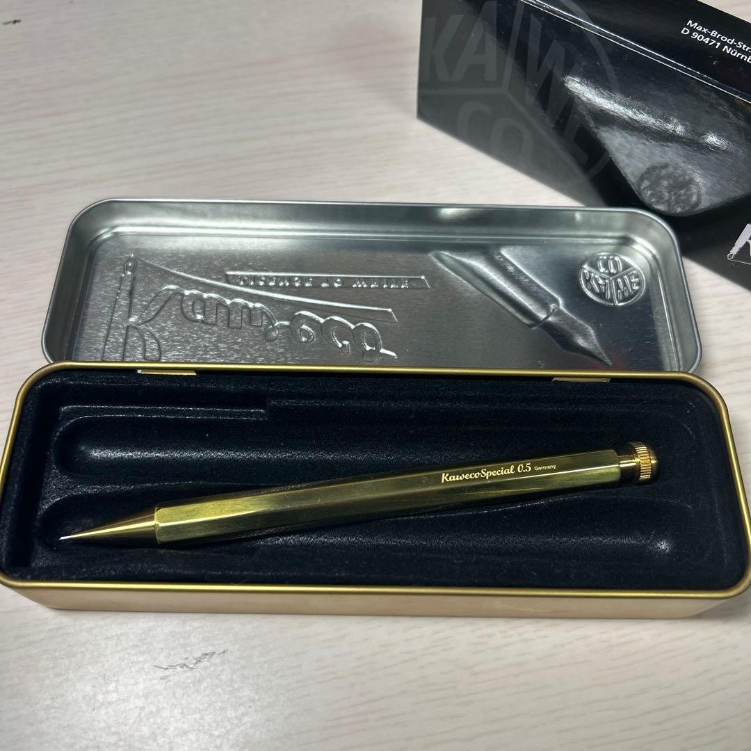Kaweco brass pencil, made in Germany, with original tin case and outer box.