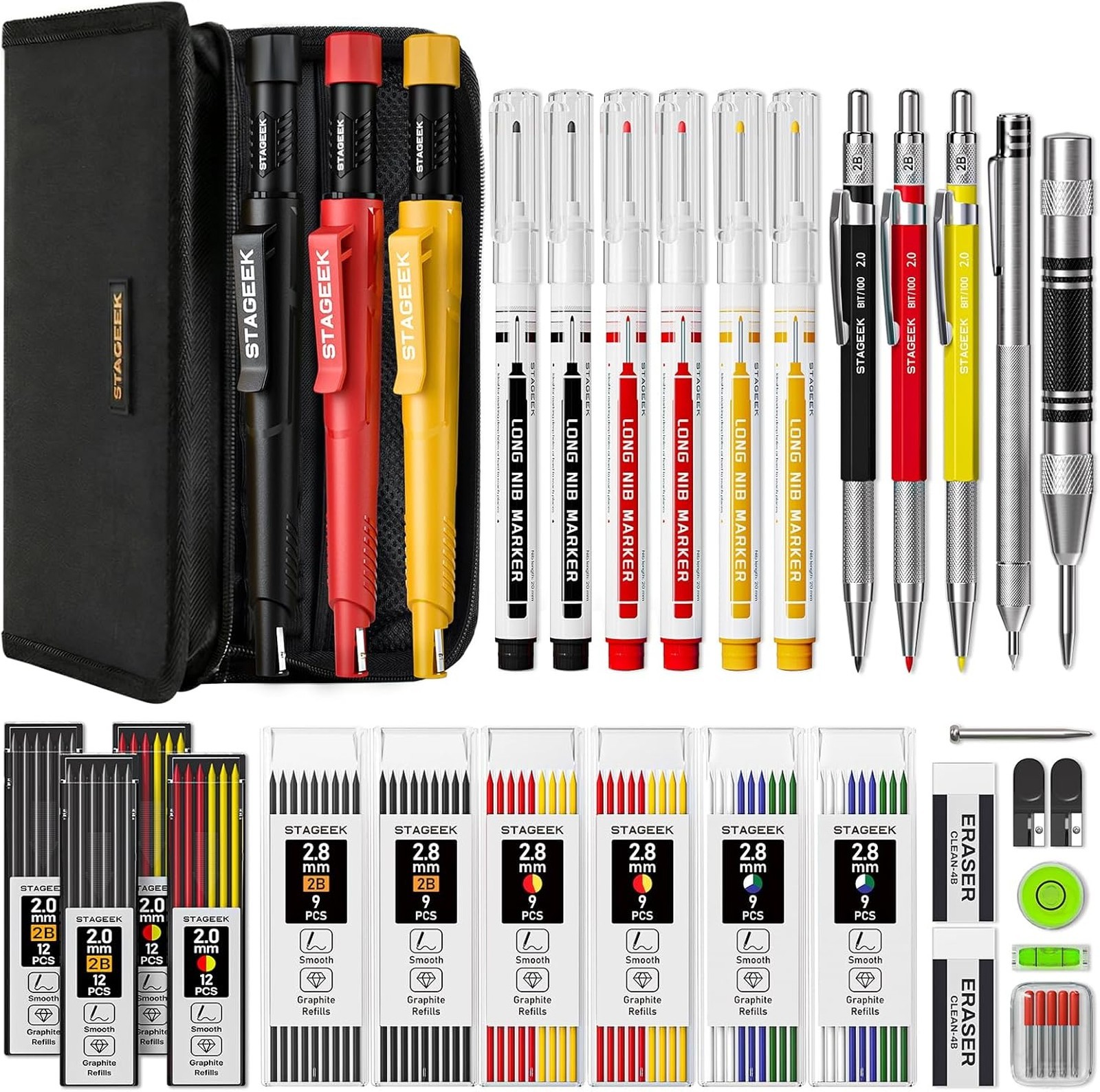 Carpenter Pencils Set with Refills and Marking Tools, Deep Hole Long Nib