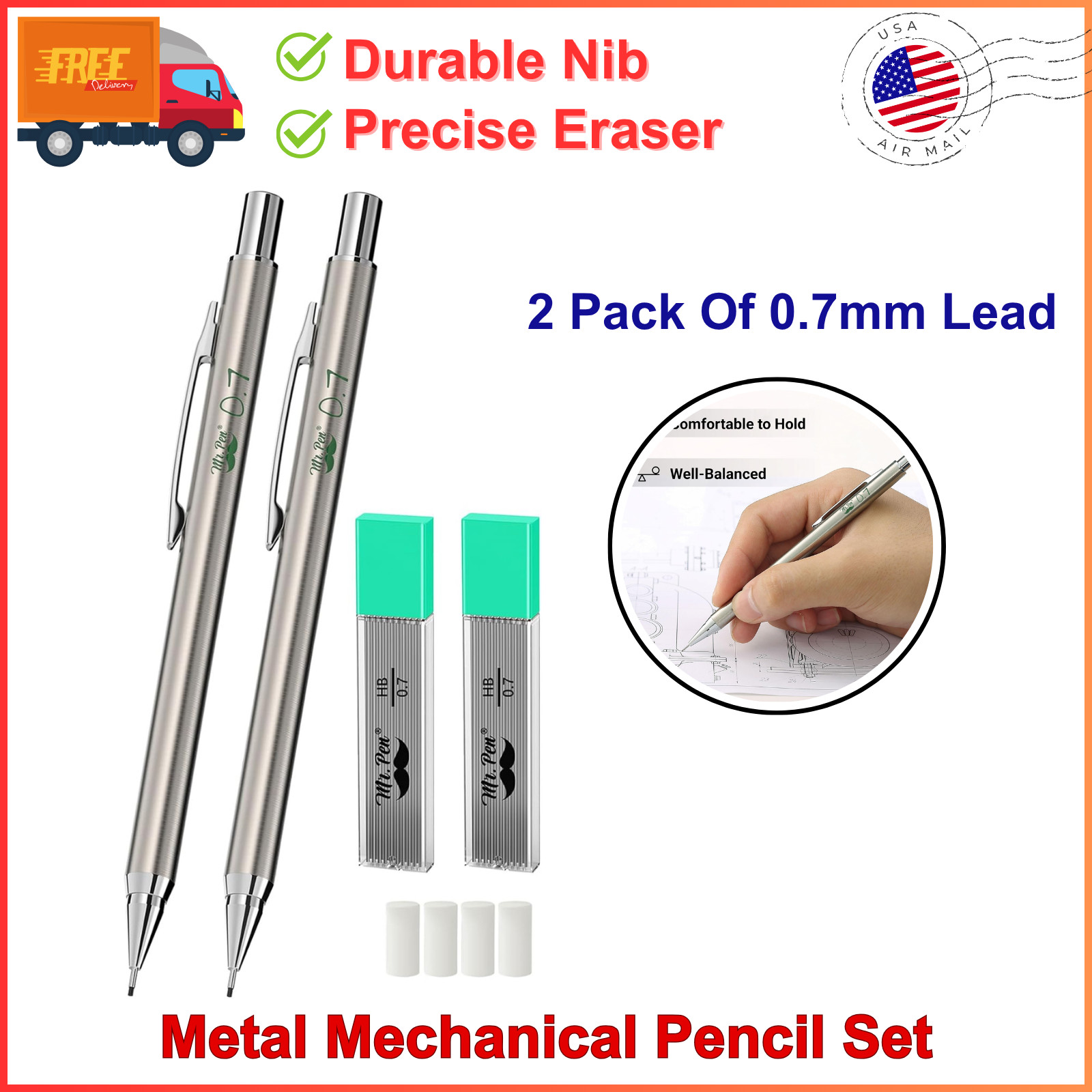 Metal Mechanical Pencil Set With Lead Refills & Erasers 2 Pack, 0.7mm For School
