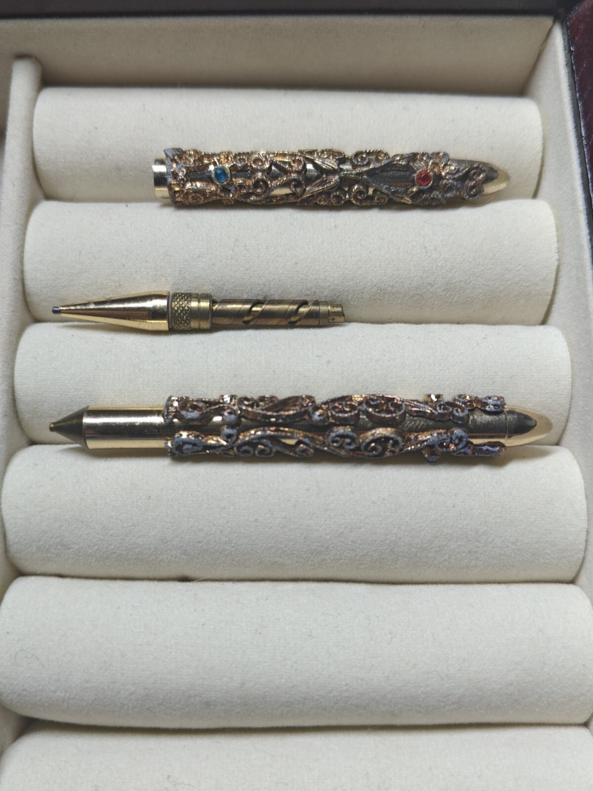Vintage Gold Tone Filigree Mini Pen & Pencil with Rhinestones 1960s