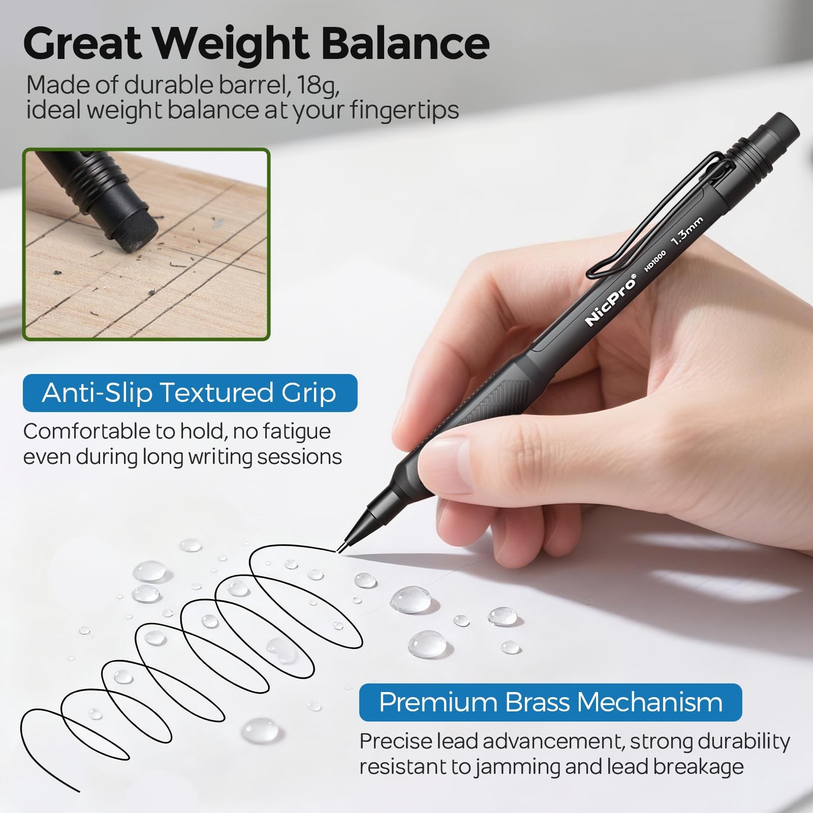 Nicpro 3 Pack Weatherproof Mechanical Pencil Set, 1.3mm 3 Pack, Black