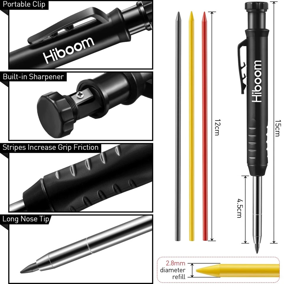 Hiboom 6 Pack Carpenter Pencil With Sharpener, Long Nosed Deep Hole Ti