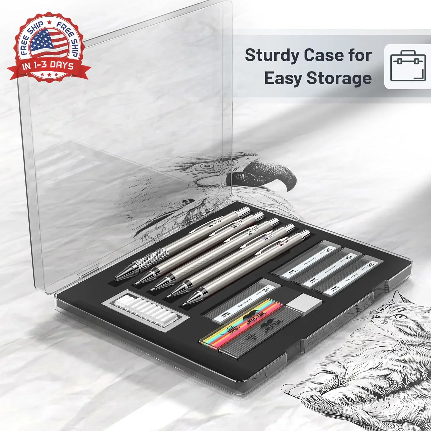 Mr. Pen- Metal Mechanical Pencil Set with Lead and Eraser Refills, 5 Sizes, 0.3,