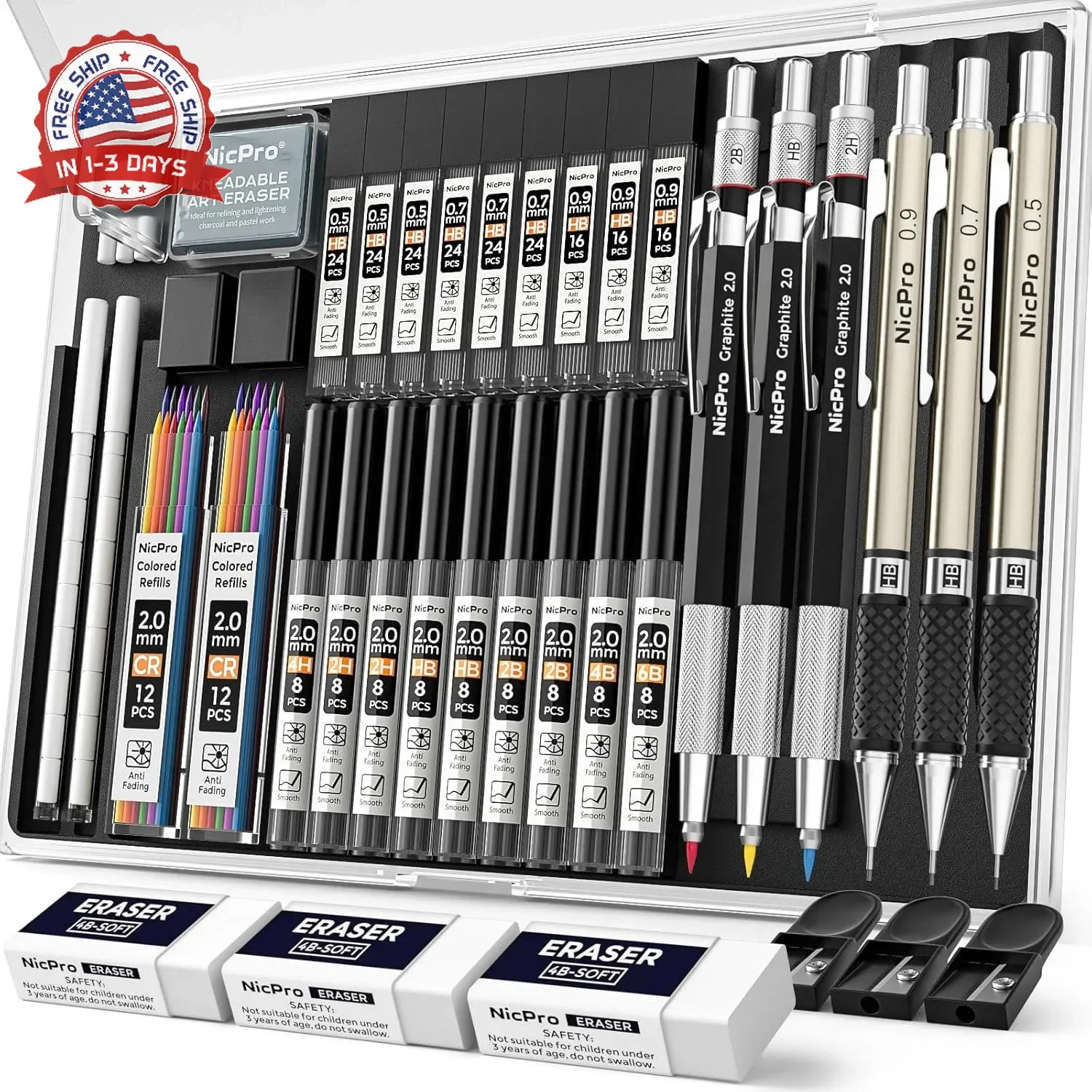 Nicpro 35PCS Art Mechanical Pencil Set, 3 PCS Metal Drafting Pencil 0.5 mm & 0.7
