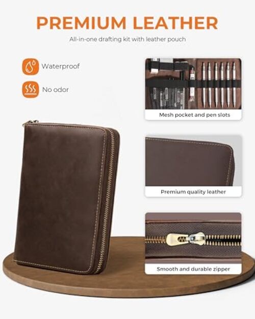 Metal Mechanical Pencil Set in Leather Case, 5PCS Silver 0.3 0.5 0.7 0.9 2.0