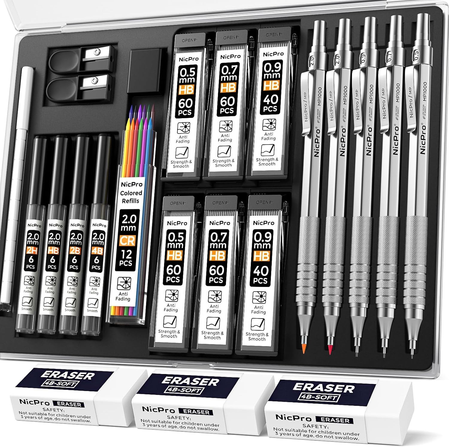 22PCS Metal Mechanical Pencil Set in Case, Art Drafting Pencil 0.5, 0.7, 0.9 Mm