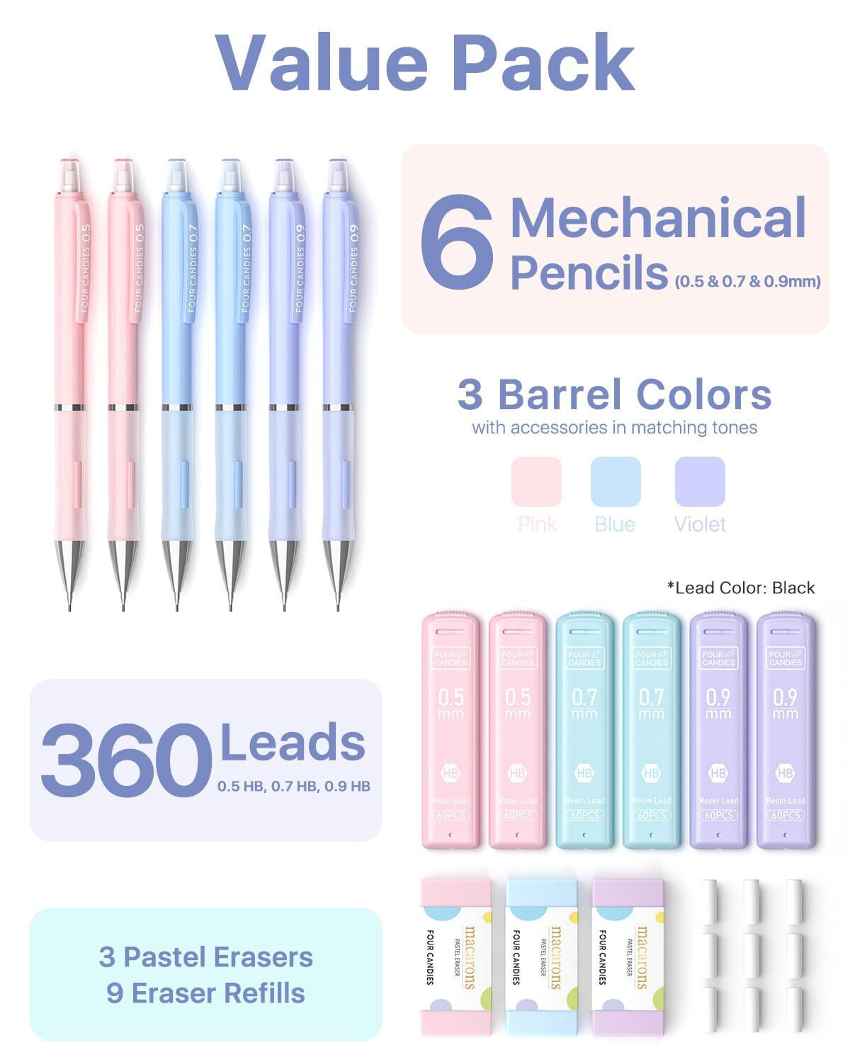 6 Pack 0.5/0.7/0.9mm Mechanical Pencil Set w/ Lead Refills & Erasers for Drawing