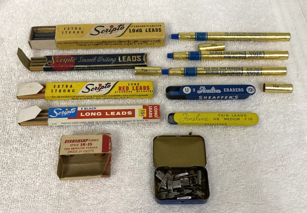 11 Vintage Pencil Leads Erasers Pen Refills Tins Boxes Scripto Sheaffers Cross