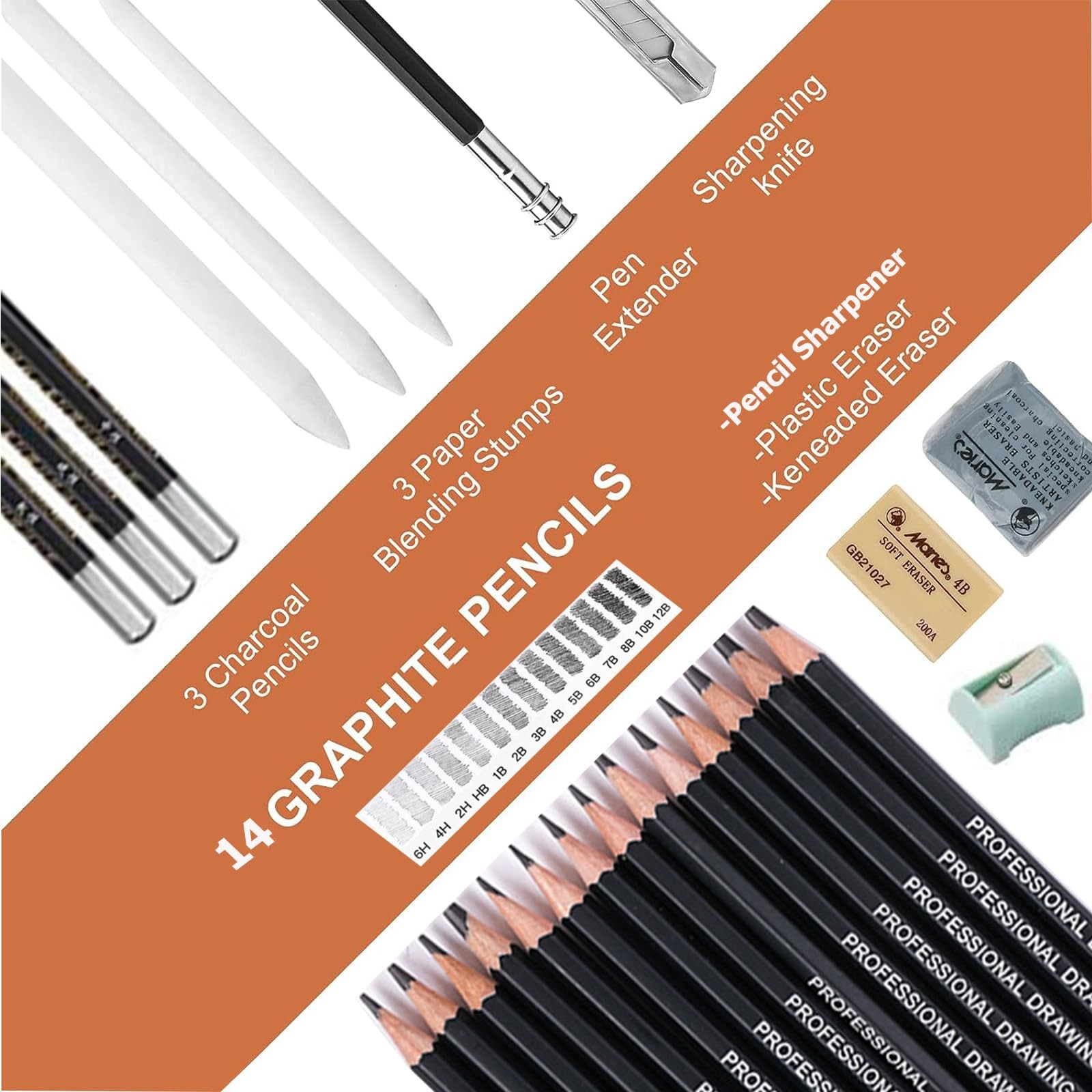 Drawing Pencils,24pcs Art kit with Graphite Pencils Sketching Pencil black