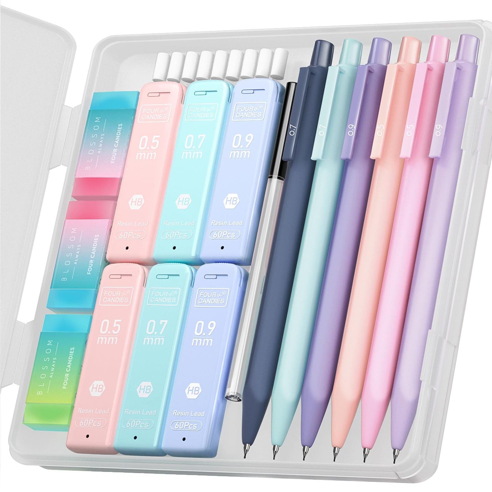 6PCS Pastel Mechanical Pencil Set with Leads Erasers for Drawing Art