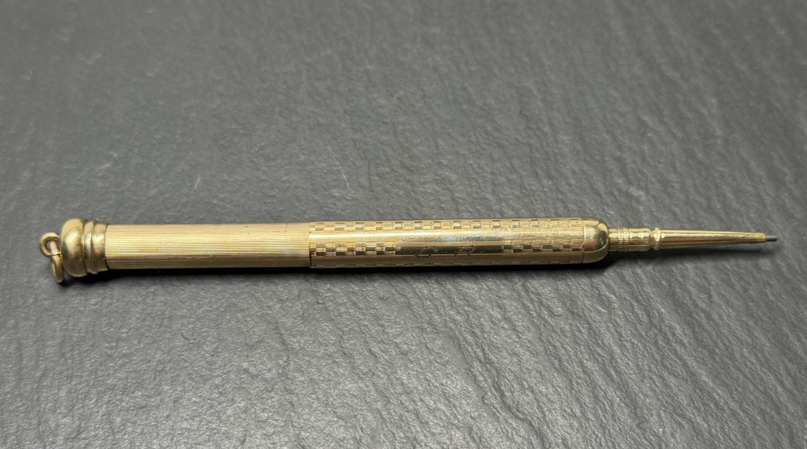 ANTIQUE GOLD FILLED TELESCOPING MECHANICAL PENCIL WITH LOOP, MONOGRAM N1006