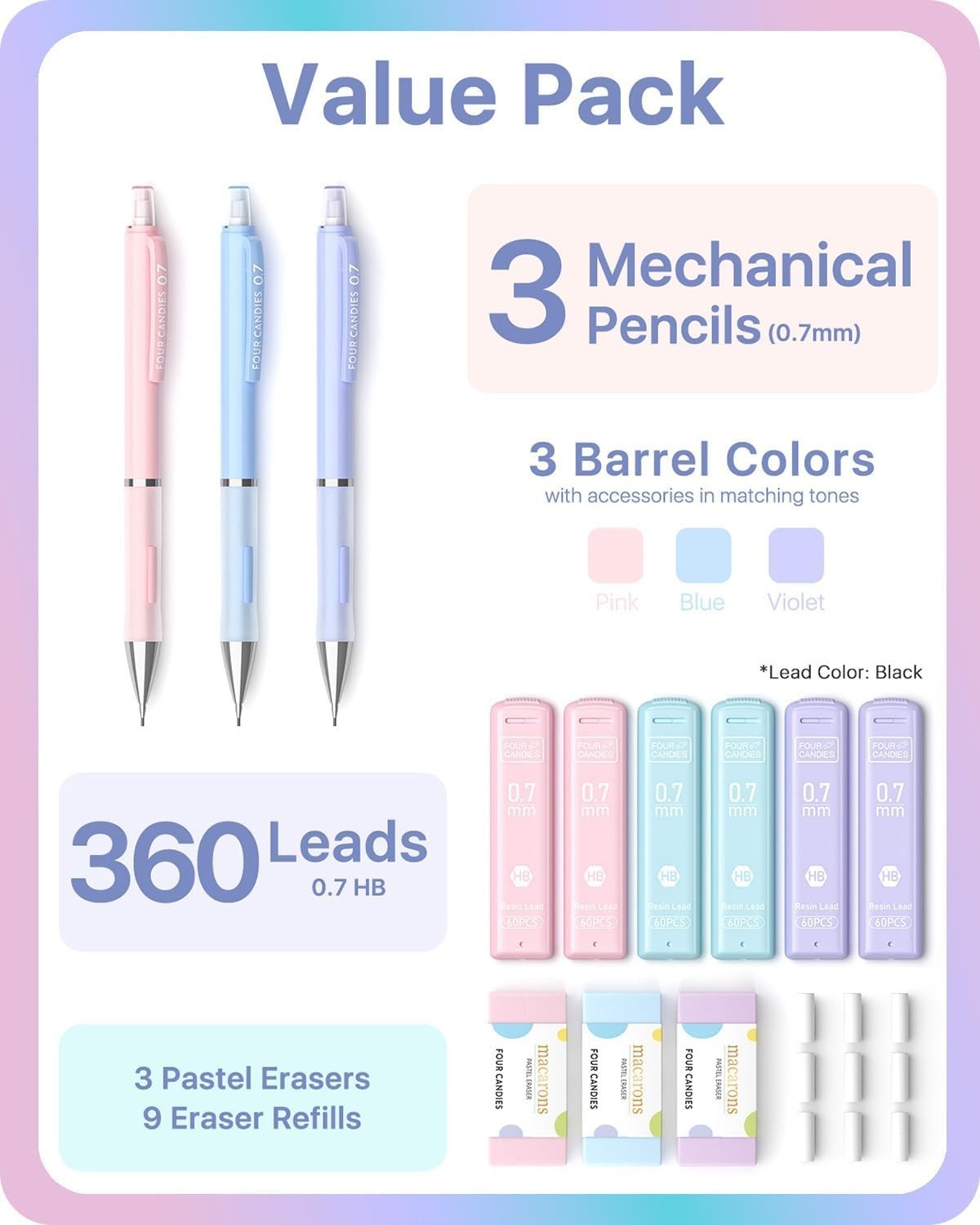 Versatile Mechanical Pencil Set with 360 Refills & Pastel Erasers for All Ages