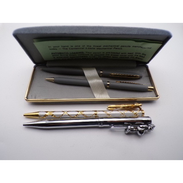 Vintage Mechanical Pencil and Pen Sets Two Tone Silver Gold Tone Engraved Case