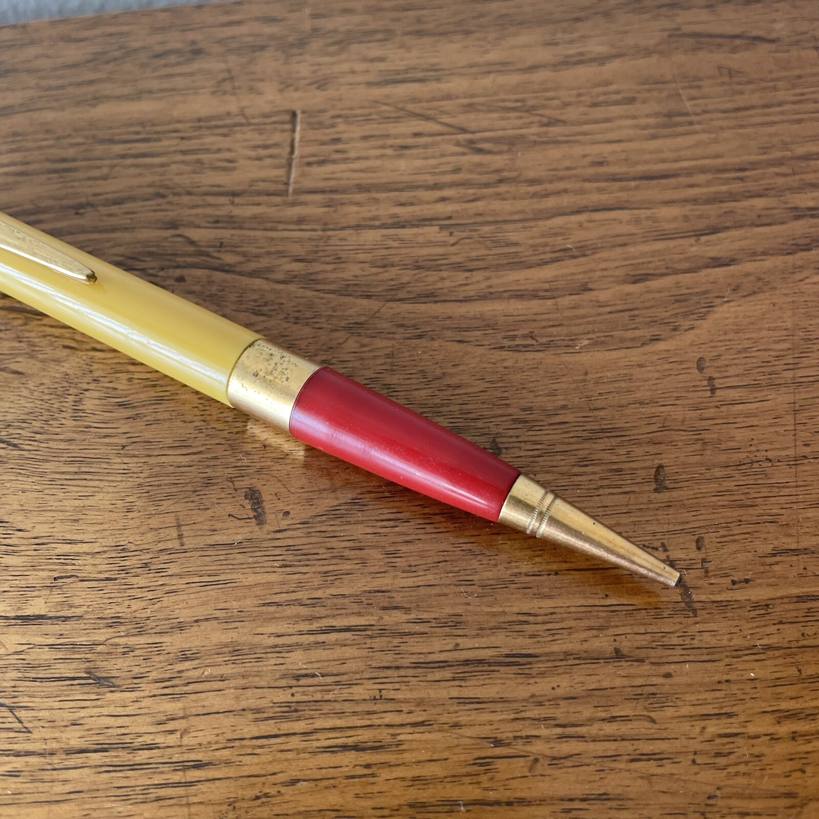 Vintage Mechanical Pencil Yellow & Red Plastic, Clear Lucite, Eraser, 6-1/4″ MCM